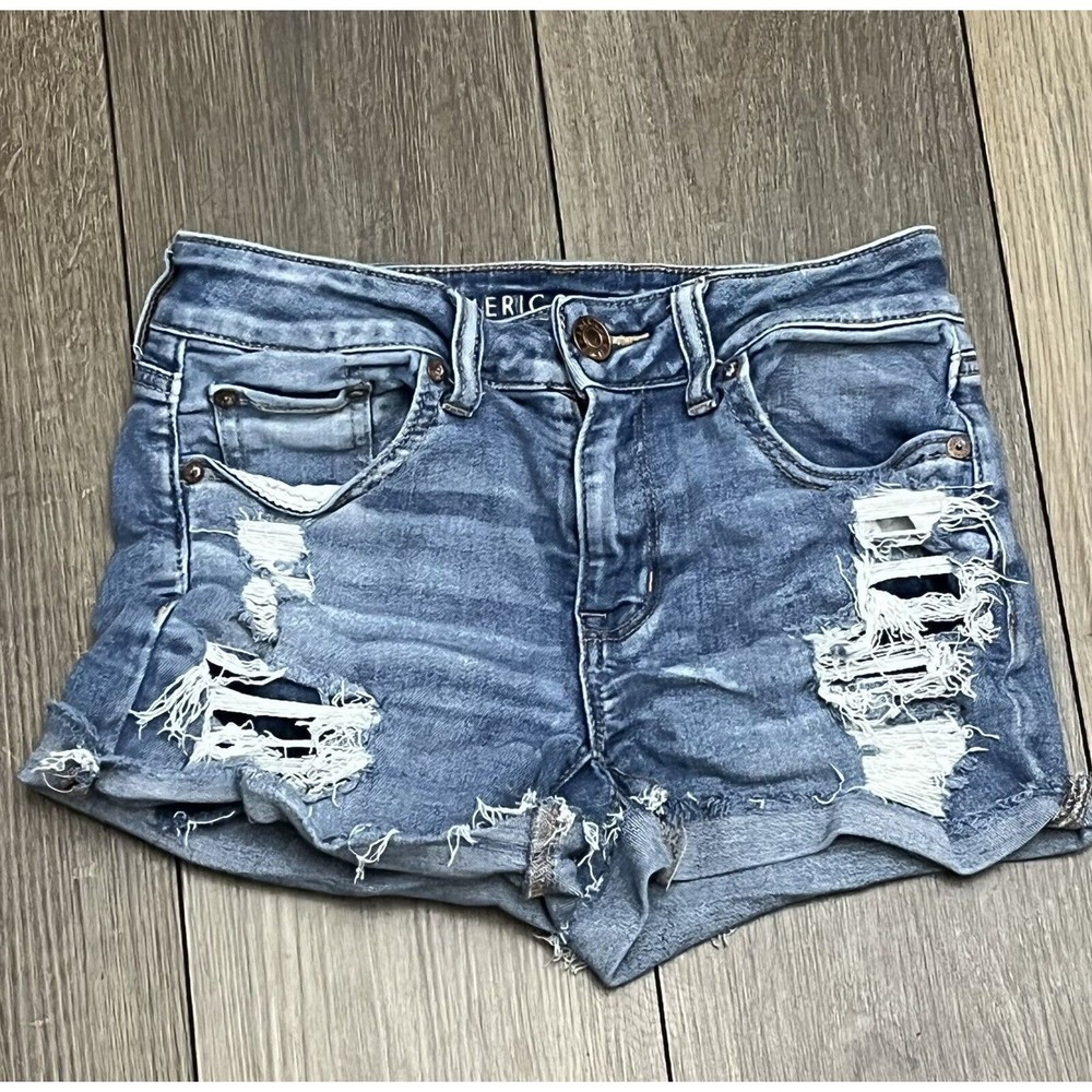 American Eagle Blue Ne(x)t Level Stretch Distressed Midi Jean Shorts Size 2 - Picture 9 of 10